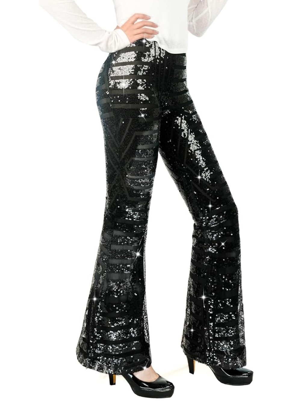 New Amazon Elastic Waistband Black Sequin Trousers Flare Hems Size Small